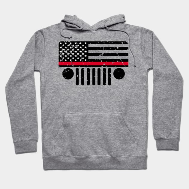 Jeep Firefighter Red Line Flag, Funny Design US Flag Distressed Hoodie by Printofi.com